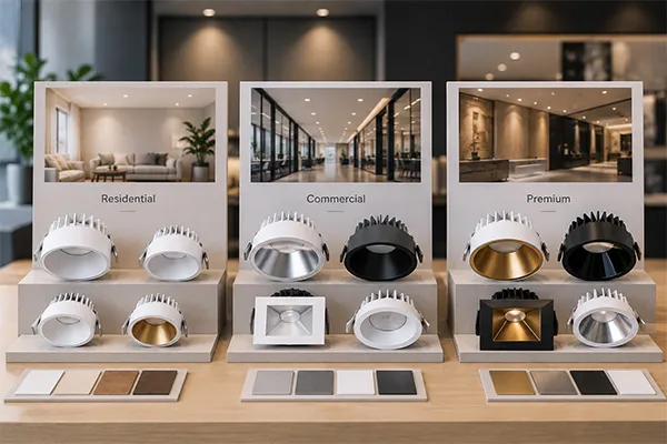 LED downlights product range planning for brands and importers LED downlights range organized by residential, commercial, and premium product tiers