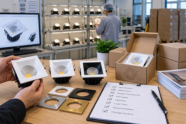 LED Downlight Production Readiness Launch LED downlight products with approved samples quality control and packaging checks