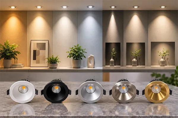 Configurable LED downlight options LED downlights showing beam angle color temperature CRI and trim finish options