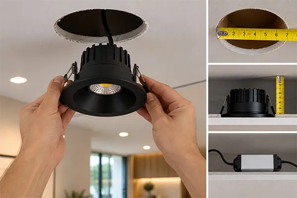 LED downlight installation requirements LED downlights installation dimensions cut out size recess depth and driver arrangement