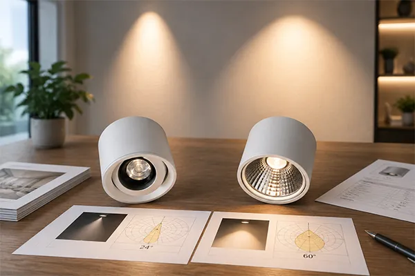 Downlight Optical Data Verification LED downlight with lens vs reflector photometric data and sample verification