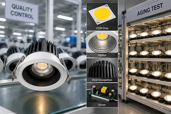 COB downlight quality inspection COB chip technology LED downlight quality control and aging test