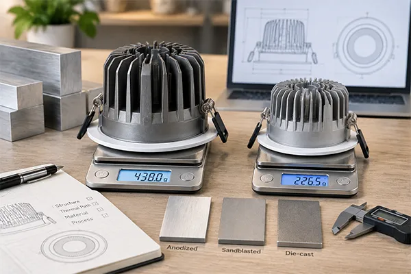 Aluminum material selection for LED downlight housing comparing weight and structure