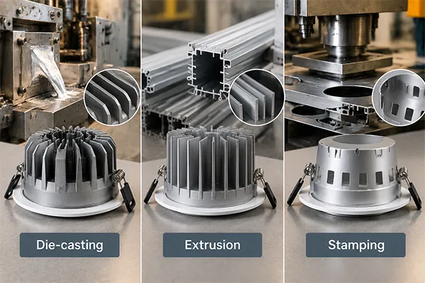 Aluminum material selection for LED downlight housing using die cast extruded and stamped processes