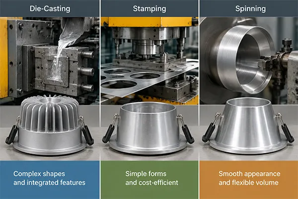 Downlight housing manufacturing method comparison Die-cast and stamped LED downlight housing manufacturing process comparison