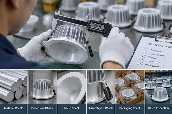 LED downlight housing quality inspection LED downlight housing inspection for dimensions finish and assembly fit