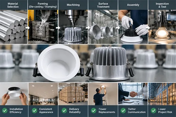 Downlight housing process and project risk LED downlight housing manufacturing process supporting installation consistency and project quality