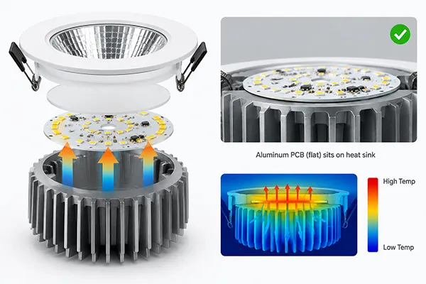 LED downlight PCB thermal path and heat sink connection LED downlight PCB assembly thermal path to aluminum heat sink