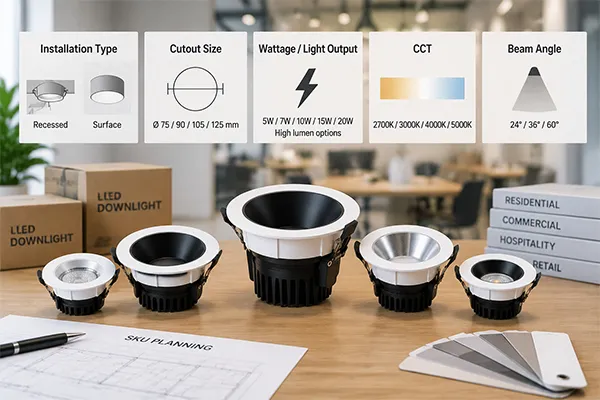 Key LED Downlight SKU Specifications LED downlight SKU planning based on cutout size CCT beam angle and wattage