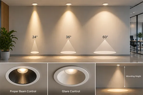 Beam angle comparison for LED downlights LED downlights for energy saving projects showing wide and narrow beam angles