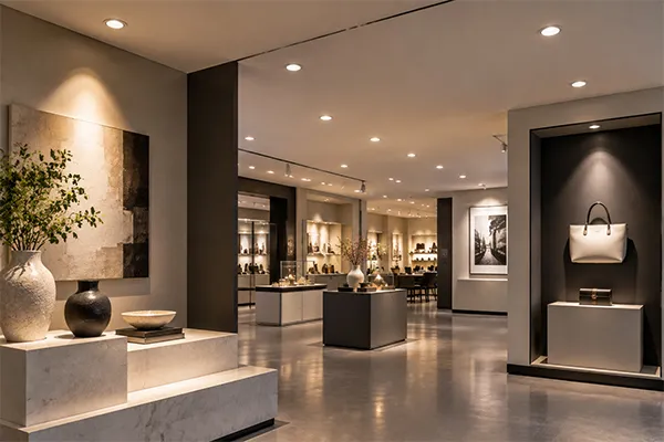 Showroom LED downlight zoning for displays LED downlights for showrooms and exhibition spaces with accent and ambient lighting zones