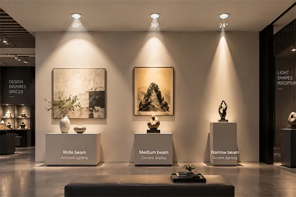 LED downlight beam angles for showroom displays Beam angle selection for LED downlights for showrooms and exhibition spaces