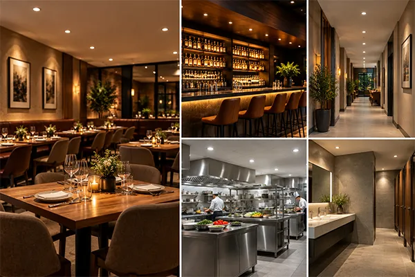 Restaurant lighting zones for LED downlight selection LED downlight selection by restaurant zone including dining bar corridor and kitchen areas