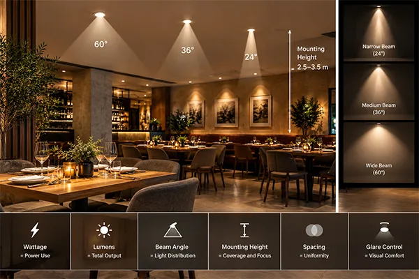 Restaurant LED downlight beam angle and lumen selection LED downlight selection showing beam angle mounting height and lumen distribution in a restaurant