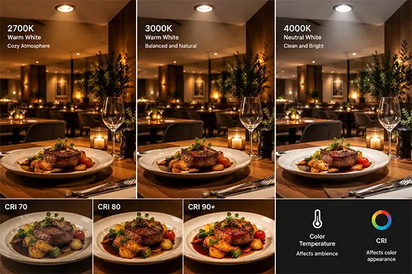 Restaurant LED downlight color temperature and CRI LED downlight selection for restaurant food presentation using warm color temperature and high CRI
