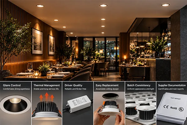 Restaurant LED downlight maintenance and glare control LED downlight selection for restaurants with glare control thermal management and maintenance access