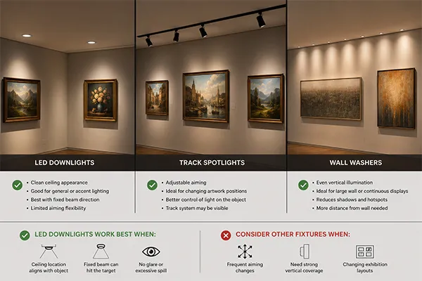 Comparing LED downlights for art display applications with track lighting