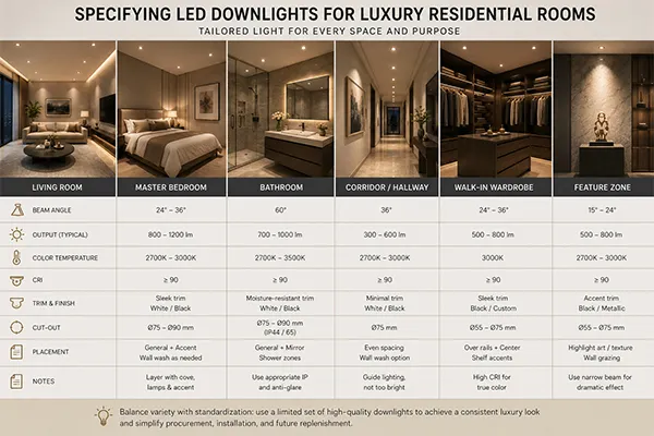 Room-by-room LED downlights for luxury residential projects