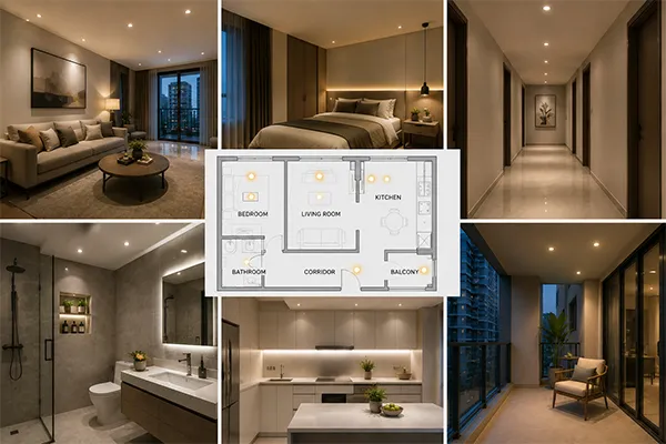 Apartment LED downlight room planning LED downlights for apartment developers based on room lighting needs