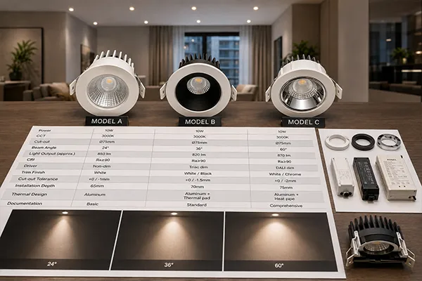 Apartment downlight comparison Comparing LED downlights for apartment developers by beam angle and trim finish