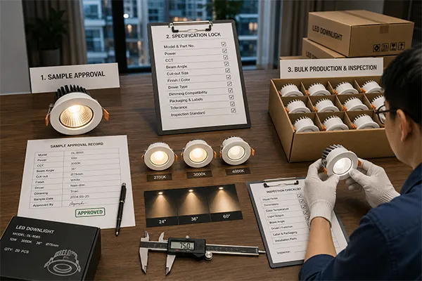 Apartment downlight quality consistency LED downlights for apartment developers sample approval and bulk inspection