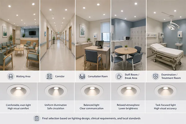 Healthcare downlight selection by room function LED downlights for hospitals and clinics matched to waiting rooms corridors and consultation spaces