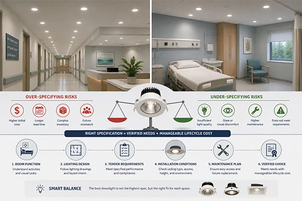 Healthcare LED downlight procurement evaluation LED downlights for hospitals and clinics evaluated for procurement quality and lifecycle cost