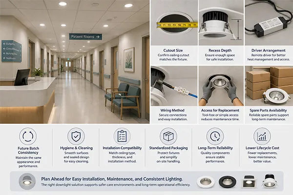 Healthcare downlight maintenance planning LED downlights for hospitals and clinics with accessible maintenance and consistent replacement specifications