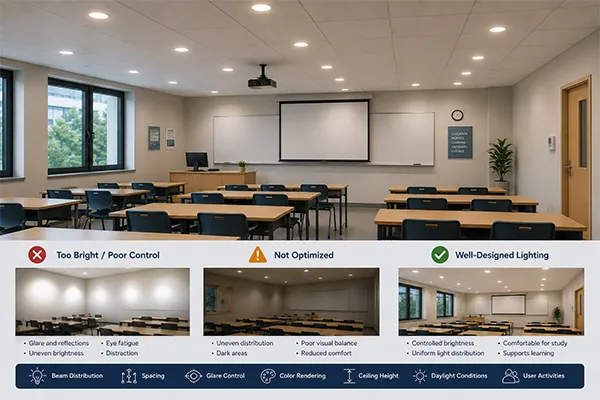 LED downlight glare control for education spaces LED downlights for schools and universities with controlled beam distribution
