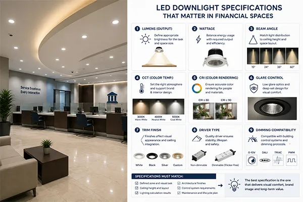 Bank LED downlight specification evaluation LED downlight specifications for banks and financial buildings