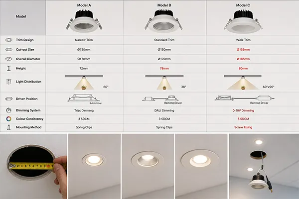 LED downlights for government buildings showing cut-out and trim comparison