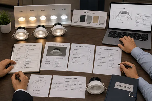custom LED downlights for government buildings with CCT and finish samples