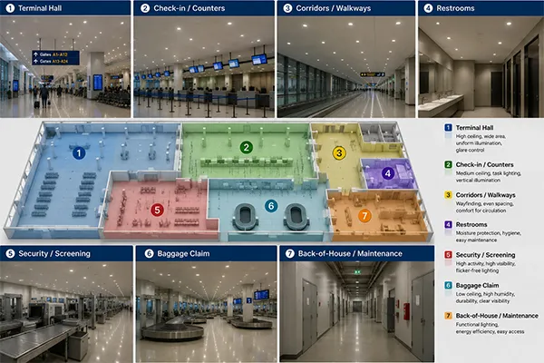 Airport LED downlight zone evaluation Zone-based LED downlights for airports and transportation facilities