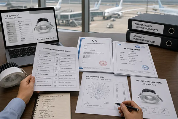 Airport LED downlight technical document verification Compliance document review for LED downlights for airports and transportation facilities