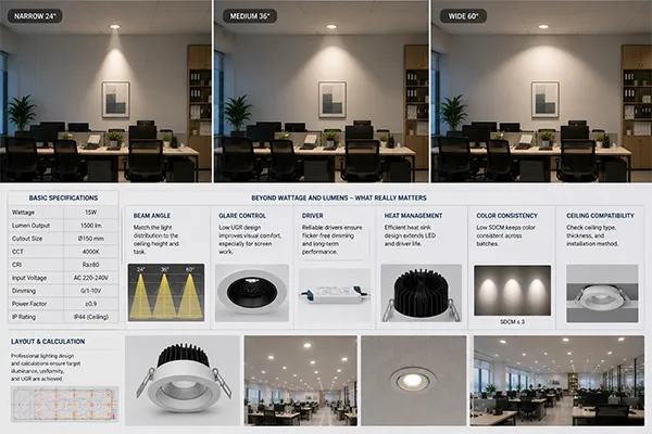 Industrial office LED downlight beam angle and glare control comparison