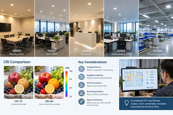 Color temperature coordination for LED downlights for industrial offices
