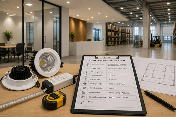 Commercial LED downlight installation specification review LED downlights for warehouses and commercial areas with ceiling cut-out and driver access details