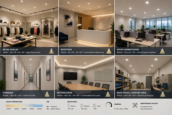 Commercial LED downlight color temperature and beam angle selection Commercial LED downlights for retail reception office and corridor lighting tasks