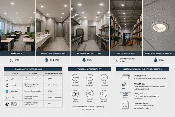 LED downlight environmental exposure and control compatibility LED downlights for warehouses and commercial areas with humidity and dimming considerations