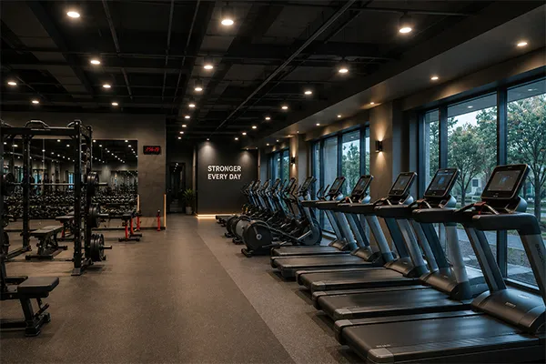 Low-glare gym LED downlights Low-glare LED downlights for fitness centers and gyms above cardio equipment