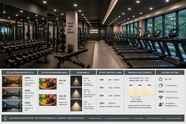 Gym LED downlight specification options LED downlight specifications for fitness centers and gyms including CCT CRI beam angle and wattage