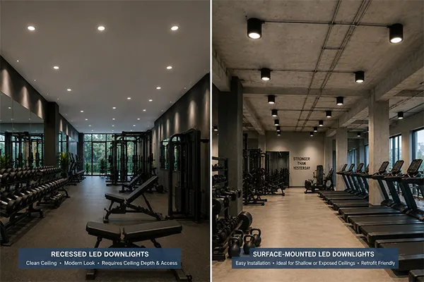 Recessed versus surface-mounted gym downlights Recessed and surface-mounted LED downlights for fitness centers and gyms