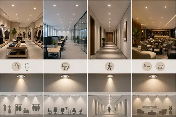 LED downlight specifications matched to retail, office, corridor, and hospitality spaces
