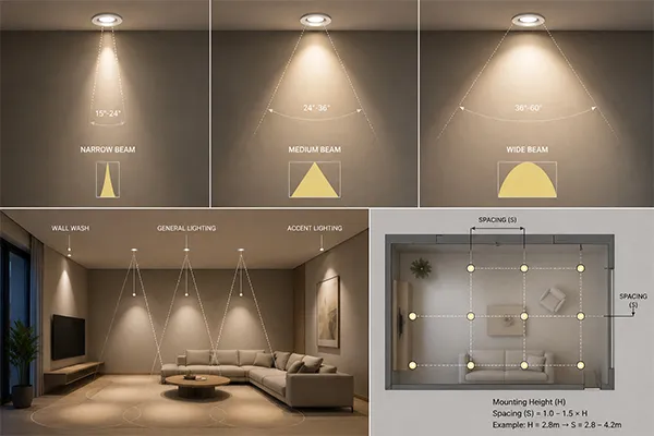 LED downlight specifications showing narrow medium and wide beam angle distribution