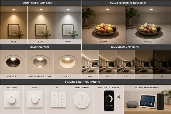 LED downlight specifications for CCT CRI glare control and dimming compatibility