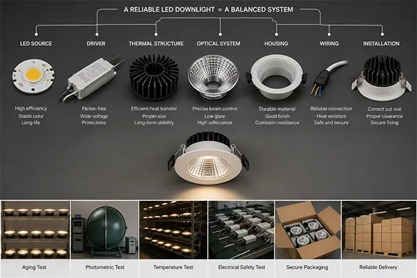 LED downlight component quality system LED downlight quality system showing LED driver heat sink optic and housing