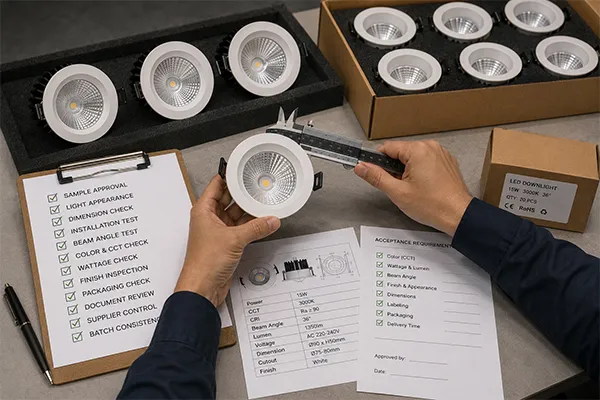 Bulk LED downlight quality inspection and sample approval Contractor checking LED downlight quality samples before bulk order approval