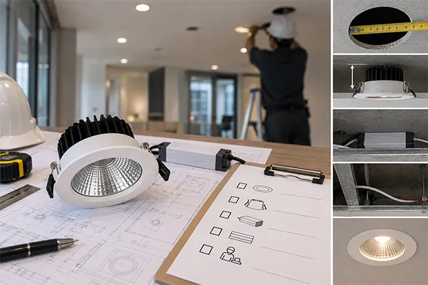 Commercial LED downlight installation checklist showing cut-out depth driver space and ceiling conditions