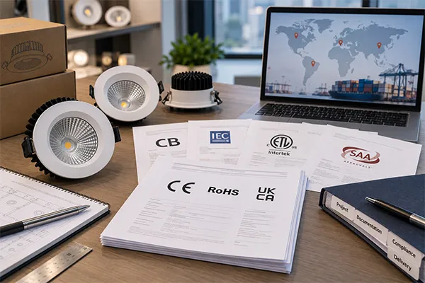 Commercial LED downlight compliance document checklist for international lighting projects