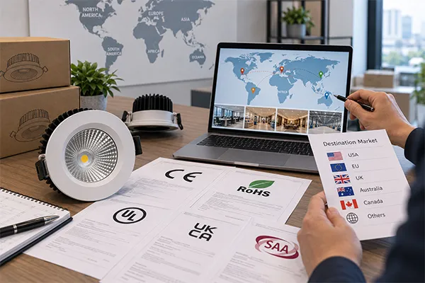 LED downlight certification review by destination country and installation application